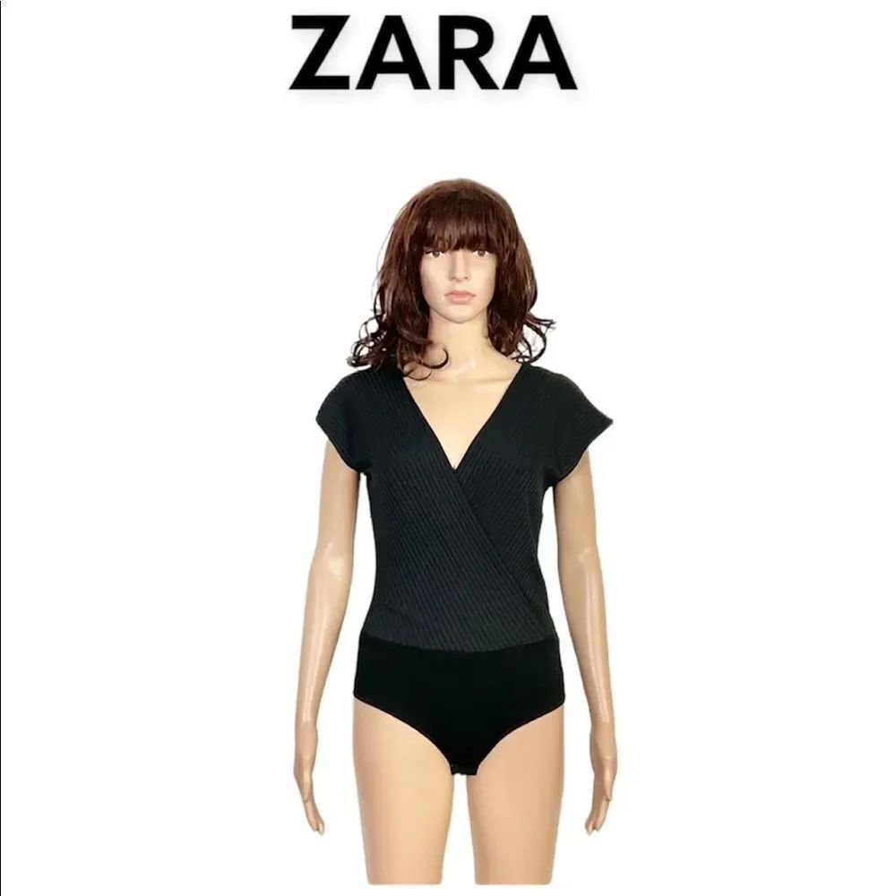 ZARA black ribbed wrapped surplice stretchy bodysuit M